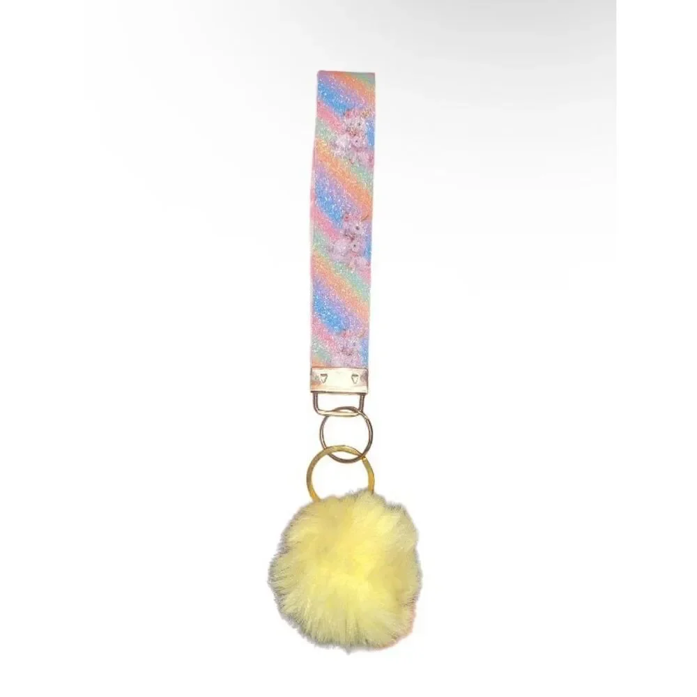 ☀️3/$9☀️ Unicorn Rainbow Faux Leather Keychain Wristlet with Yellow Pom Pom